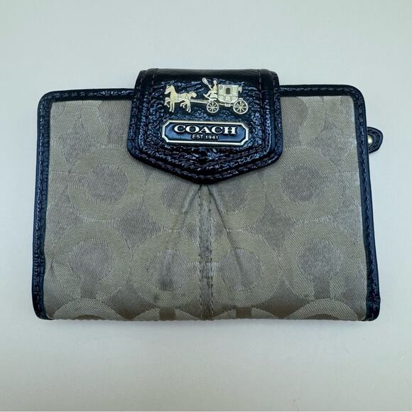 Coach Women’s Beige Trifold Logo Wallet with Brown Patent Leather Trim - Picture 1 of 6